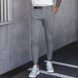NWT MAUVAIS Grey Check Premium Trousers w Half Belt